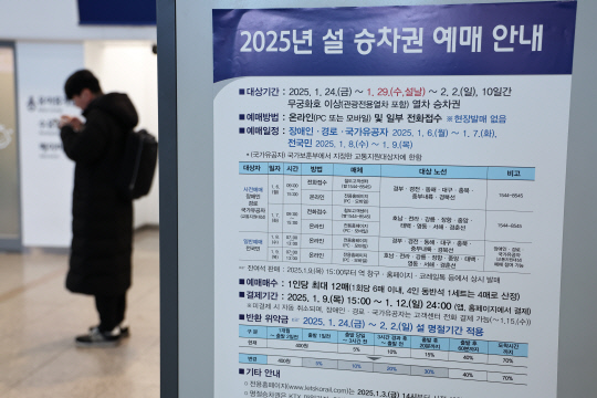 모든 국민 대상 설 승차권 예매가 시작된 8일 오전 서울역에 관련 안내문이 부착돼 있다.   <연합뉴스>